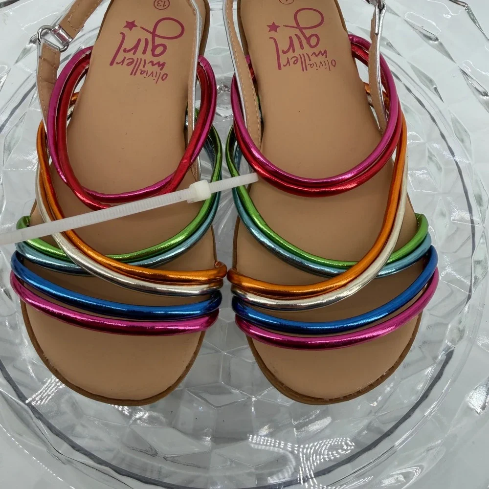 Olivia Miller Girl Rainbow Metallic Strappy Sandals Kids Size 13/1 Flat Silver
